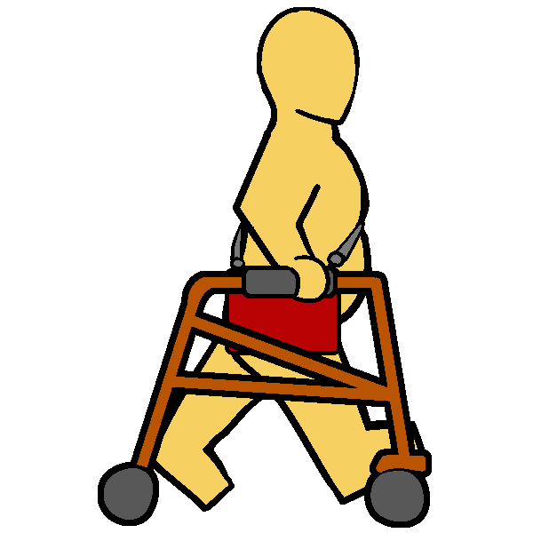 A yellow fat person with an orange posterior walker and a red AAC device on a shoulder strap walking